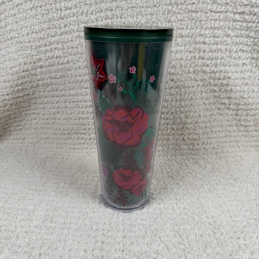 Starbucks 24 oz Tumbler Green Floral Roses Cold Cups‎ BPA Free NO STRAW